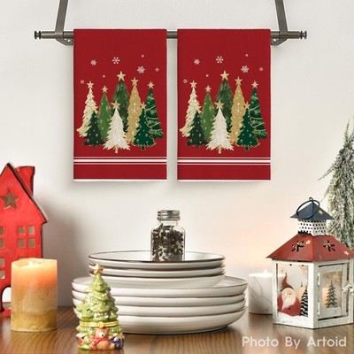 Christmas Decorations Trees Snowflakes Red Kitchen Dish Towels Gift 2PCS 18''x26''