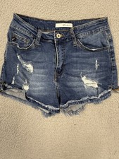 KanCan Shorts Womens 7/27 Blue Distressed Denim Frayed Hem High Rise Ripped Jean