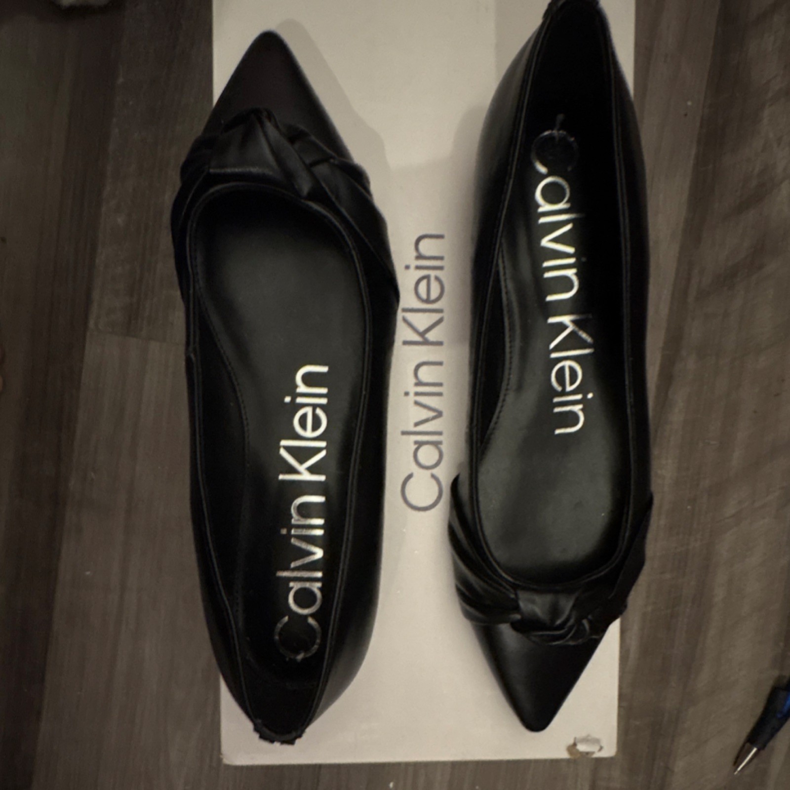 Calvin Klein Black Pointed Toe Flats Bow Accent Leather Women's Shoes