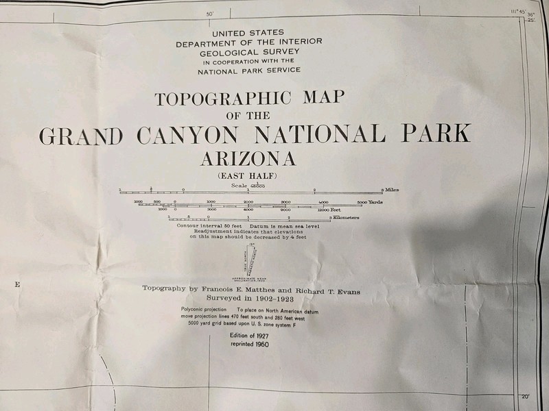 1960 TOPOGRAPHY MAP OF GRAND CANYON NATIONAL PARK, EAST HALF