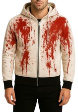 Men’s White Genuine Leather Hoodie with Red Splatter – Perfect Halloween Cosplay