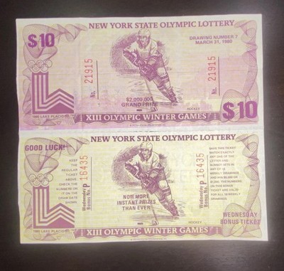 New York State Lottery $10 Hockey Lottery Ticket XIII Olympic Winter Games 1980