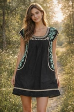Theme Boho Black Embroidered Mini Dress Women’s L Coquette Pockets Lined EUC