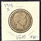 1915 S Barber half dollar VG Silver *Free S/H After 1st Item*