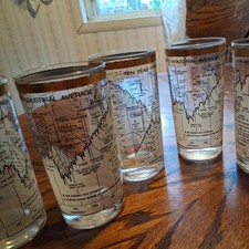 6 Vintage CERA 10 Year 1958-1968 Dow Jones Industrial Average Glass 22K Gold EUC