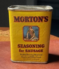 Vintage Morton’s Seasoning For Sausage Spice Tin Near Empty 3oz 3” Woman