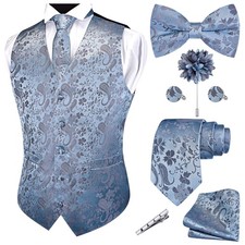 Mens Dusty Blue Vest Tie and Bow Tie Set Formal Waistcoat Paisley Floral Jacq...