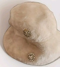 VTG 50s 60s Milady Ivory Felted Faux Fur Bucket Hat USA Made Sz 21" Rhinestone