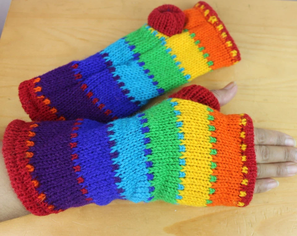 HAND-KNITTED Woollen Gloves Fleece Lined Mittens Wrist Warmer Ski Wool Glove - Image 3 of 3