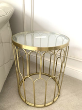 NEXT BRUSHED GOLD ROUN METAL SIDE TABLE GLASS TOP LAMP COFFEE LOUNGE DINING ROOM