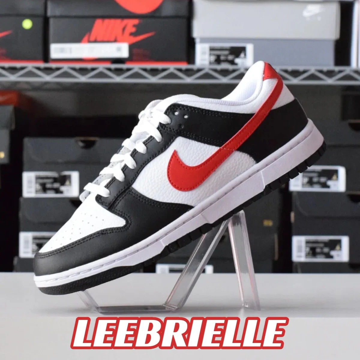 Nike Dunk Low Retro Red Swoosh Panda Black White Shoes FB3354 001