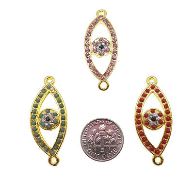 Evil Eye Charm Gold Plated Copper with Pink / Red /Green Rhinestones 15x30mm