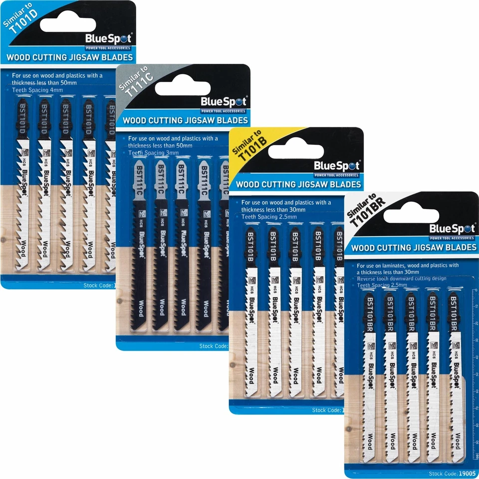 BlueSpot 5pc Jigsaw Blade Set T Shank Clean Fast Cut Or Down Cut Blades For Wood