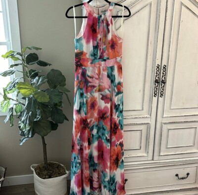 Eliza J Printed Popover Maxi Sleeveless Dress with Halter Neck, Size 