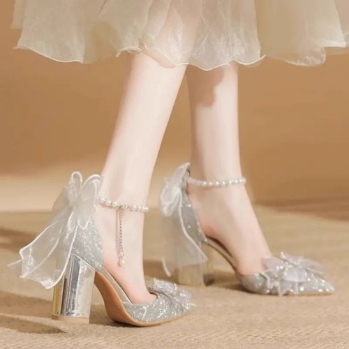 Women Elegant Pointed Toe High Heel Shoes Chunky Heel Glittery Party Formal Wear