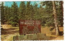 Postcard Monarch Pass Colorado Continental Divide Marker Sign Trees