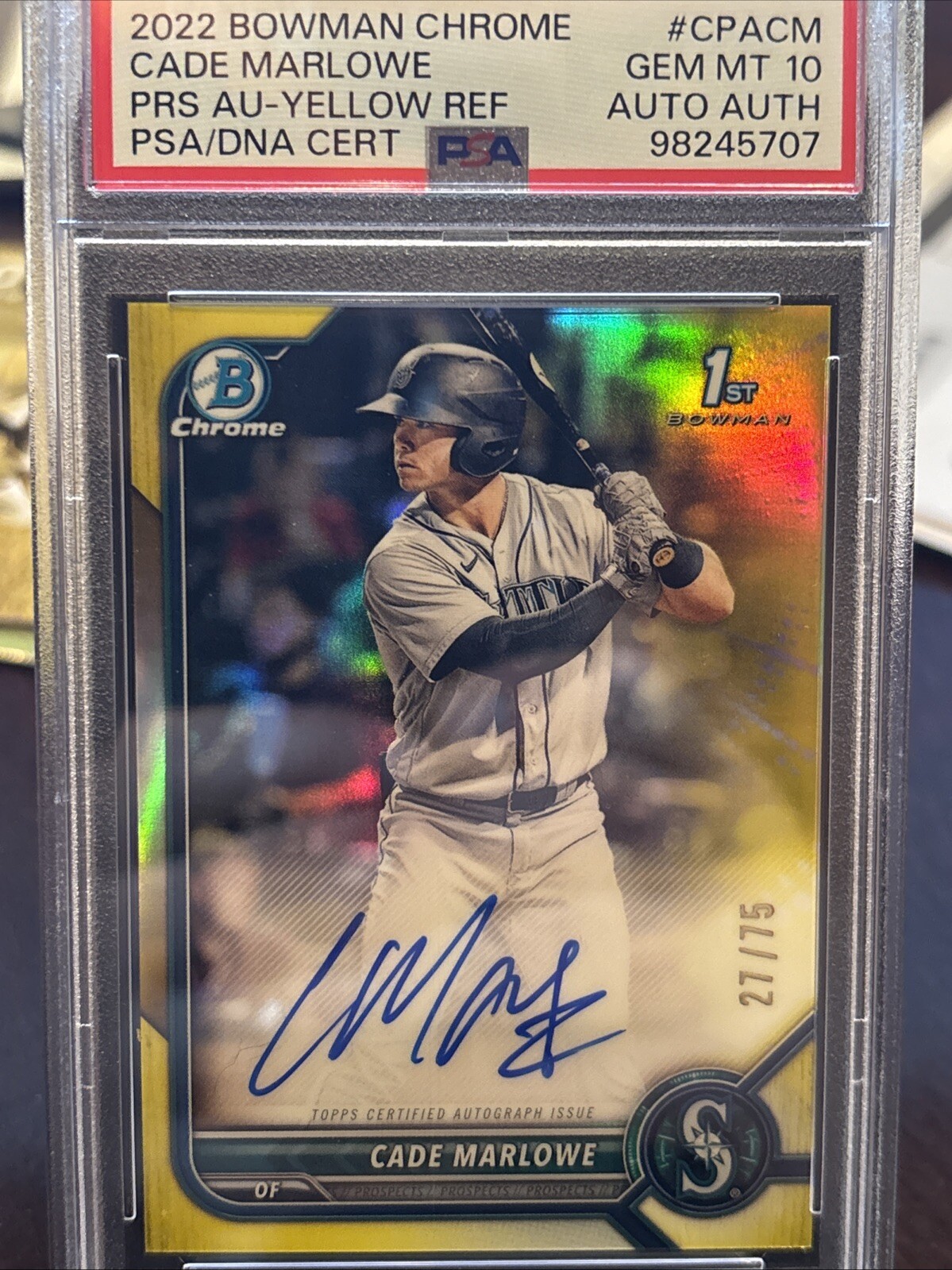 2022 Bowman Chrome Cade Marlowe Yellow Refractor 1st Bowman Auto RC /75 PSA 10