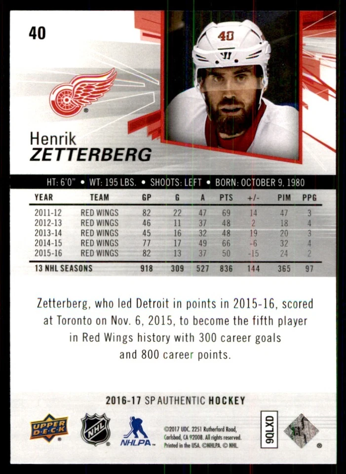 2016-17 SP Authentic Henrik Zetterberg Detroit Red Wings #40 - Image 2 of 2