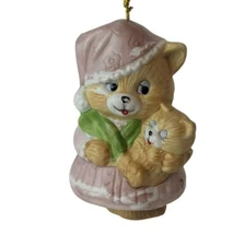 Vintage Jasco Caring Critter Bell Cat Christmas Ornament 1980s Bisque Porcelain