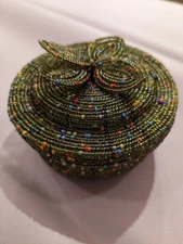 Beaded Wire Round Trinket Jewelry Box Container Boho Green Multicolor Beads 4.5"