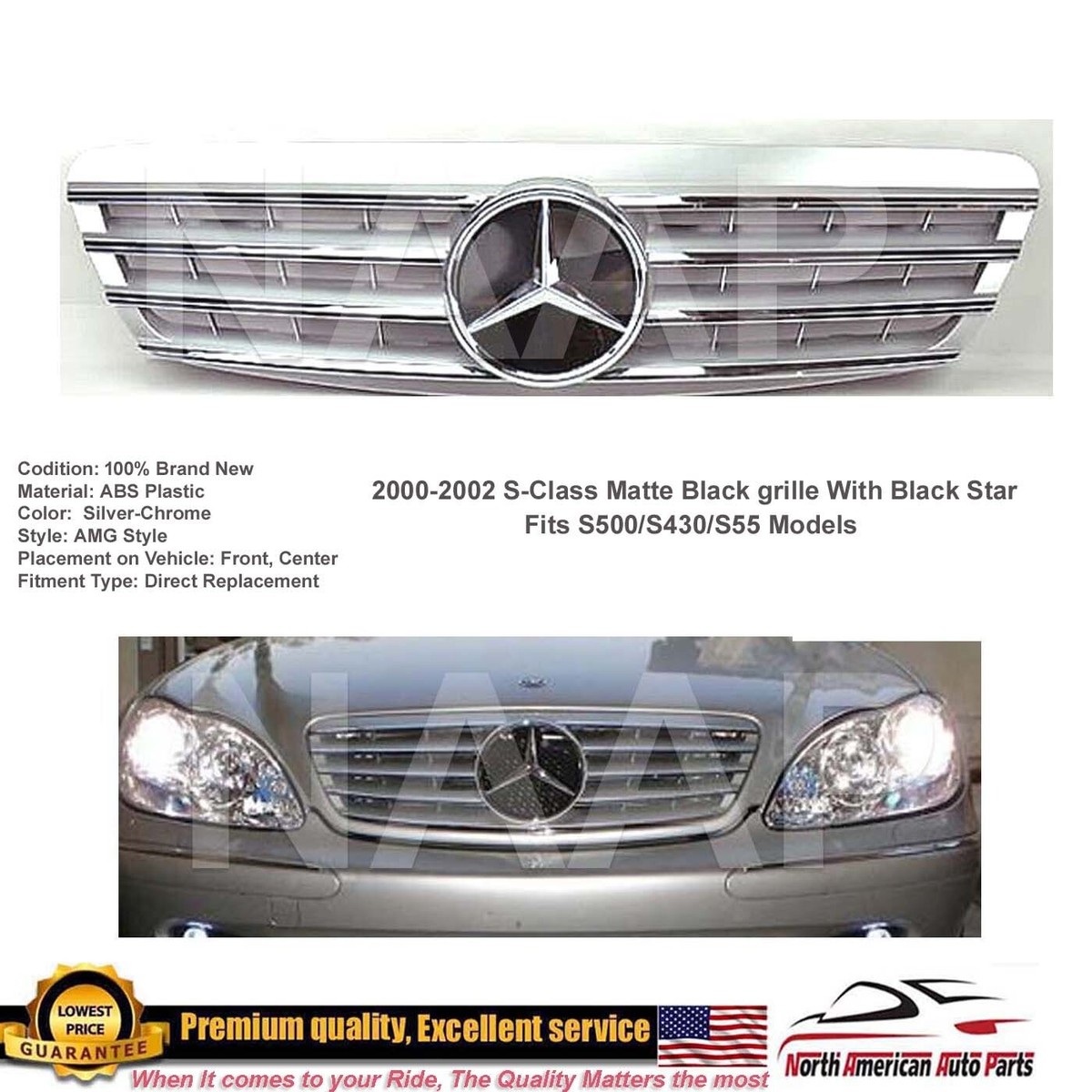 2000 2001 2002 Mercedes-Benz S500 S430 S55 Grille Silver Chrome 