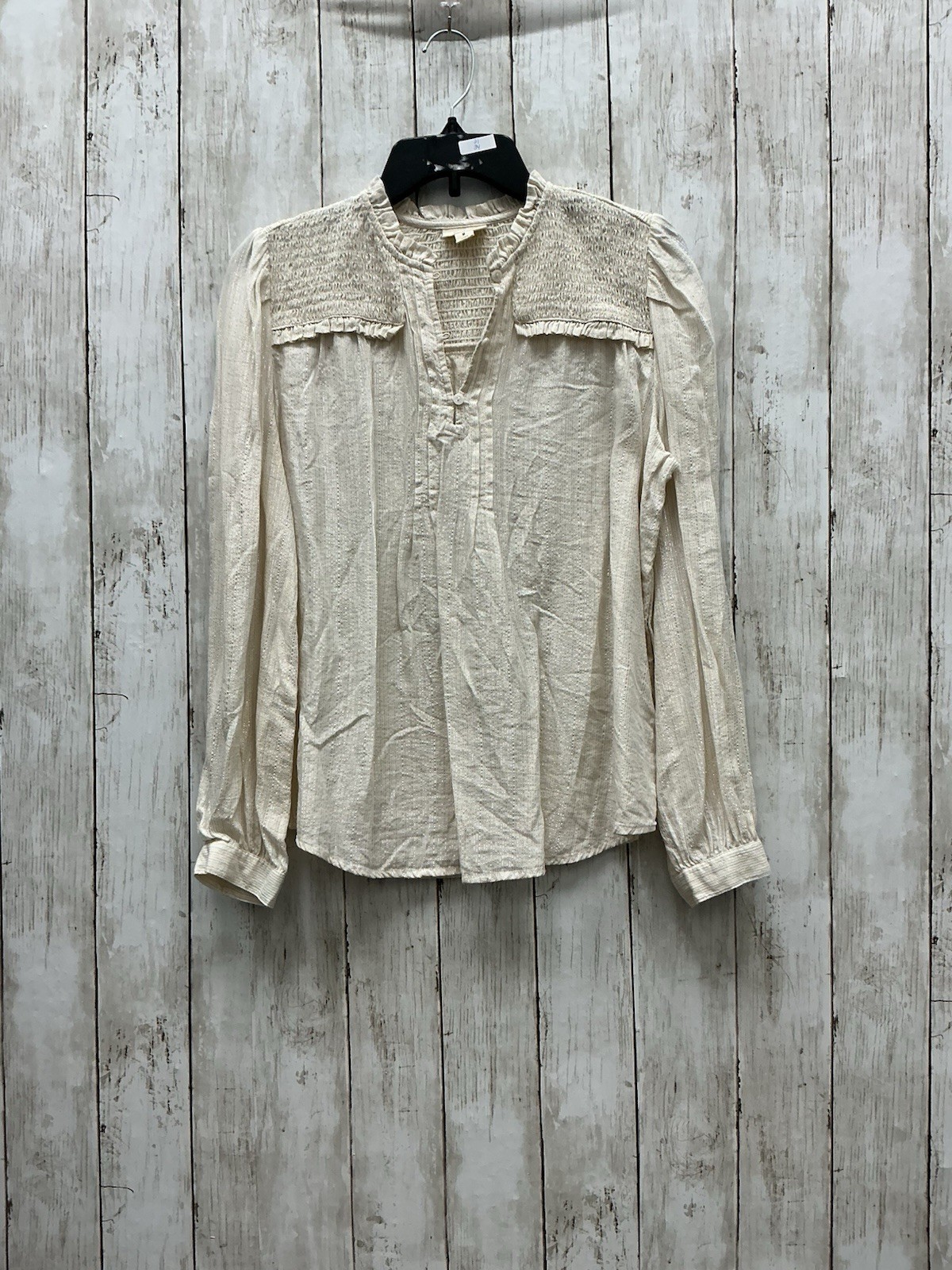 a.n.a A New Approach Cream Smocked Yoke Ruffle Neck Long Sleeve Blouse, Medium