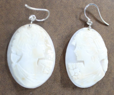 GORGEOUS SIGNED M & M Scognamiglo, Italy  Sterling Silver & Cameo + Earrings 2''