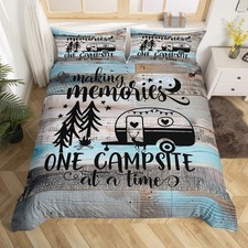 Boys Happy Camping Full Duvet Cover, Rv Camper Decor Bedding Set Western Vint...