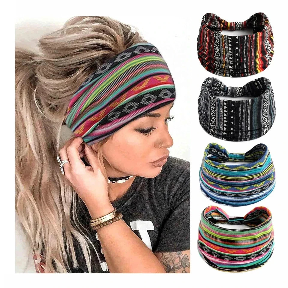 Boho wide headbands for women - 4 pack stylish elastic hair accessories