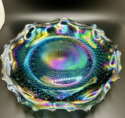 Vintage Indiana Glass Bowl Windsor Iridescent Blue Carnival 10" Round Crimped