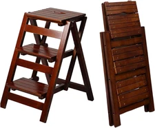 3 Step Wooden Folding Ladder Stool Chair Portable Home Library Garden Tool