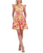 VINCE CAMUTO Women's Floral Printed Flutter-sleeve Fit & Flare Dress Pink 12