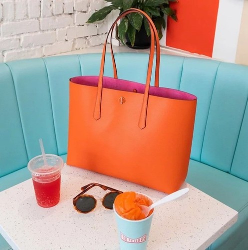 Kate Spade New York Orange Leather Tote Bag With Spade Logo & Pink Interior - Picture 16 of 16
