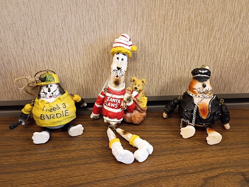 3 Vintage Funky Unique Cat Ornaments, Hell Cat, Golfer Cat, & Santa Cat Lot