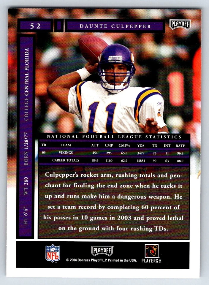 2004 Playoff Honors 52 Daunte Culpepper Minnesota Vikings Football Card - Image 2 of 2