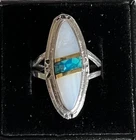 Vintage Native Am Navajo Sterling Silver Turquoise Mother Of Pearl Ring Size 7.5