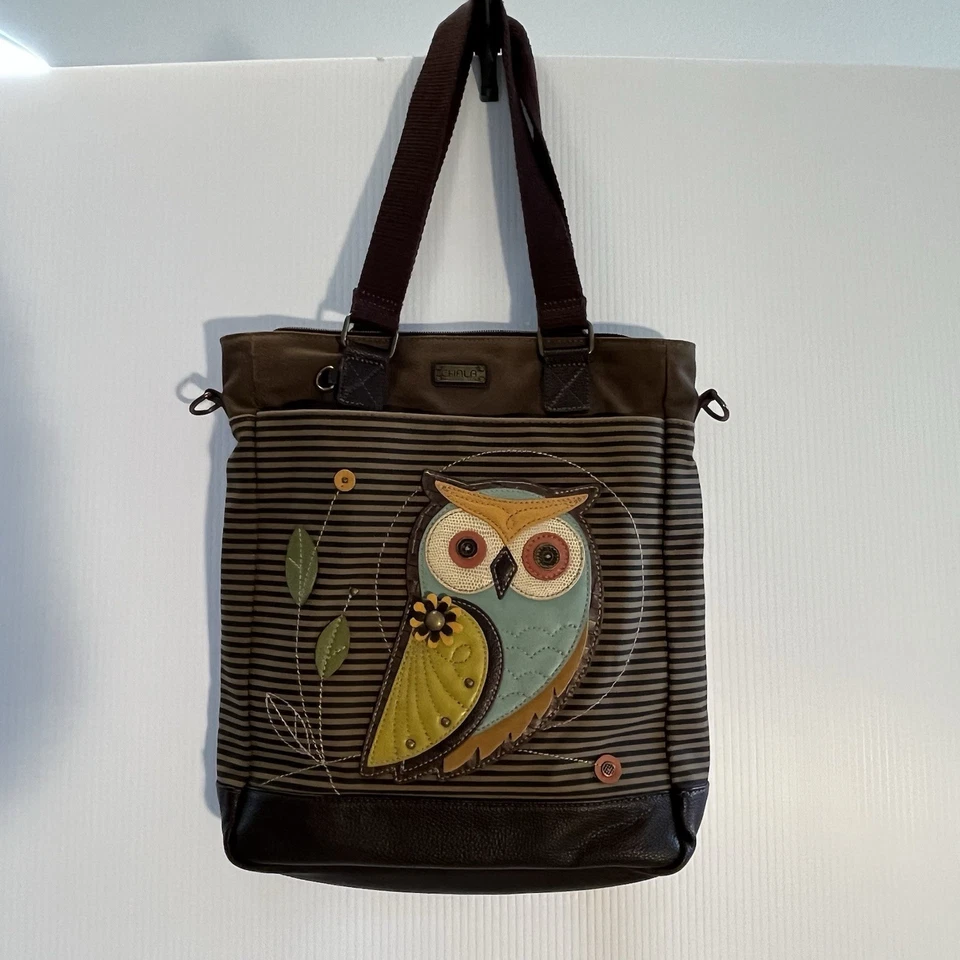 Chala WORK TOTE Crossbody Bag Canvas Faux Leather Owl Stripes Large Convertible