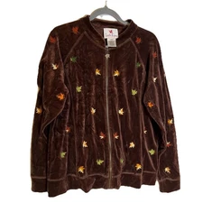Quacker Factory Womens Large Jacket Fall Autumn Leaves Velvet Brown Chocolate