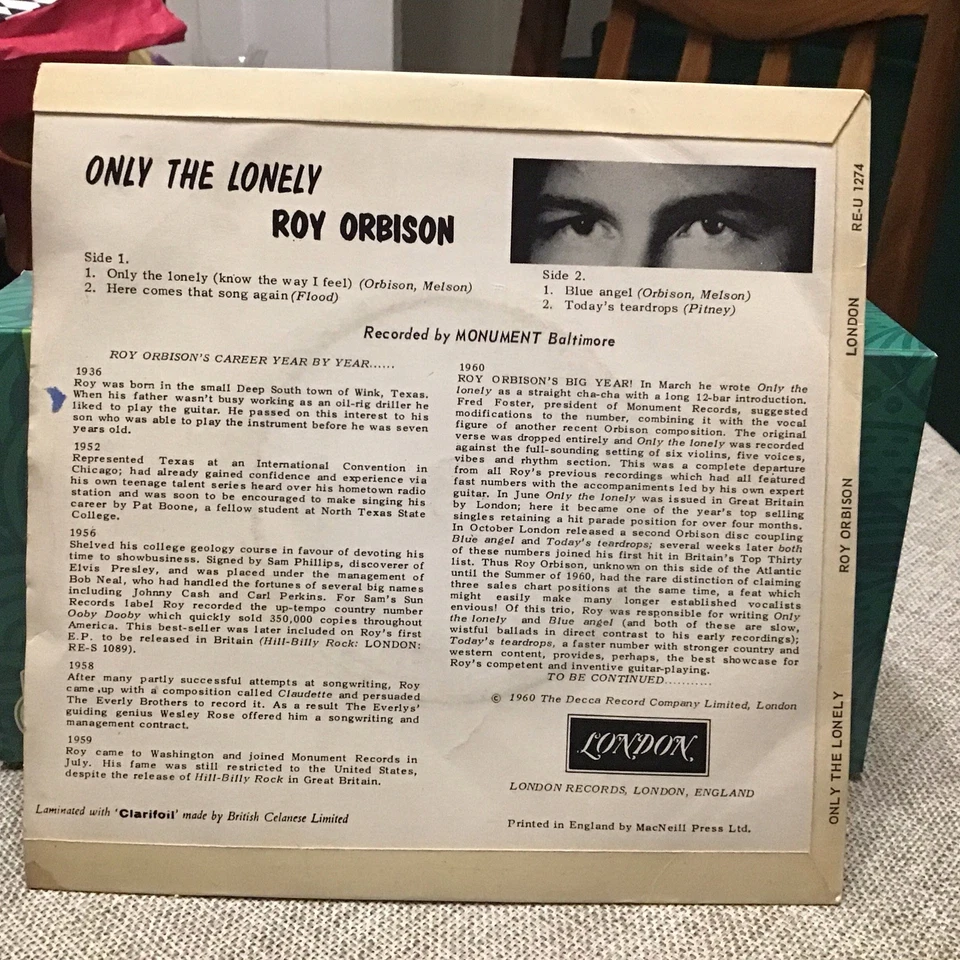Roy Orbison Vinyl Record 7” Single Only The Lonely EP London RE-U 1274 1960 Mono - Image 2 of 4