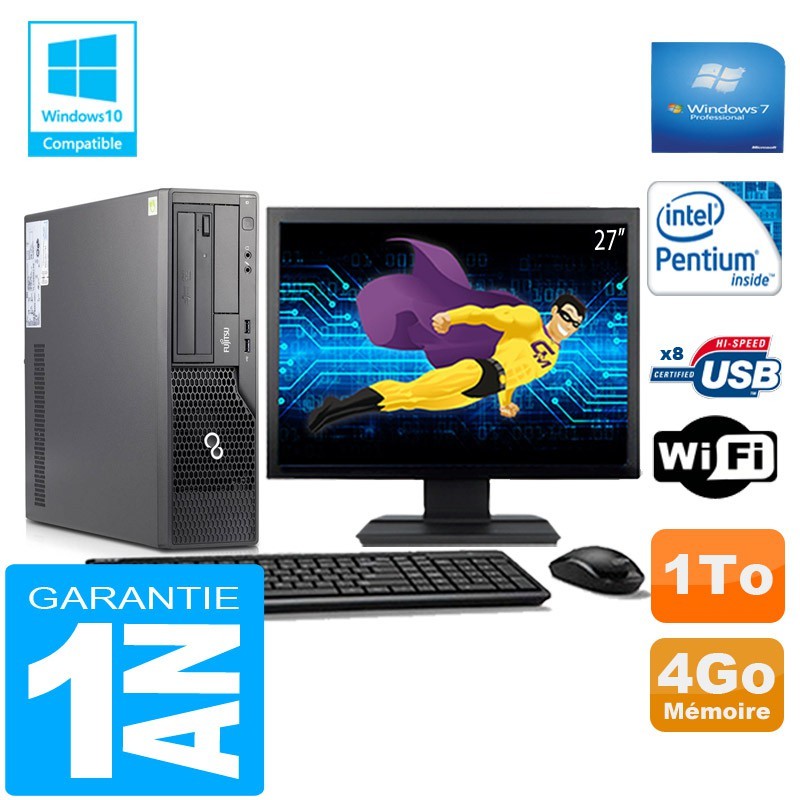 PC Fujitsu Esprimo E500 E85+ SFF Intel G640 4Go Disque 1 To Wifi W7 Ecran 27"