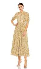 Mac Duggal Yellow Illusion High Neck Mesh Puff Sleeve Floral Dress Size 4 $498