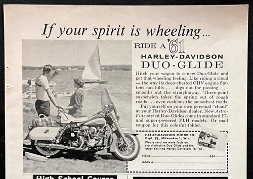 1961 Harley Davidson Astro-Flite Duo-Glide print AD *If Your Spirit is Wheeling”