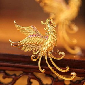 Authentic Gold Plated Zircon Phoenix Brooch Chinese Style Lapel Pin