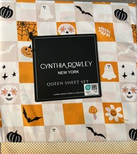 Cynthia Rowley Halloween QUEEN Size Sheet Set Pumpkins Bats Skulls Spiders