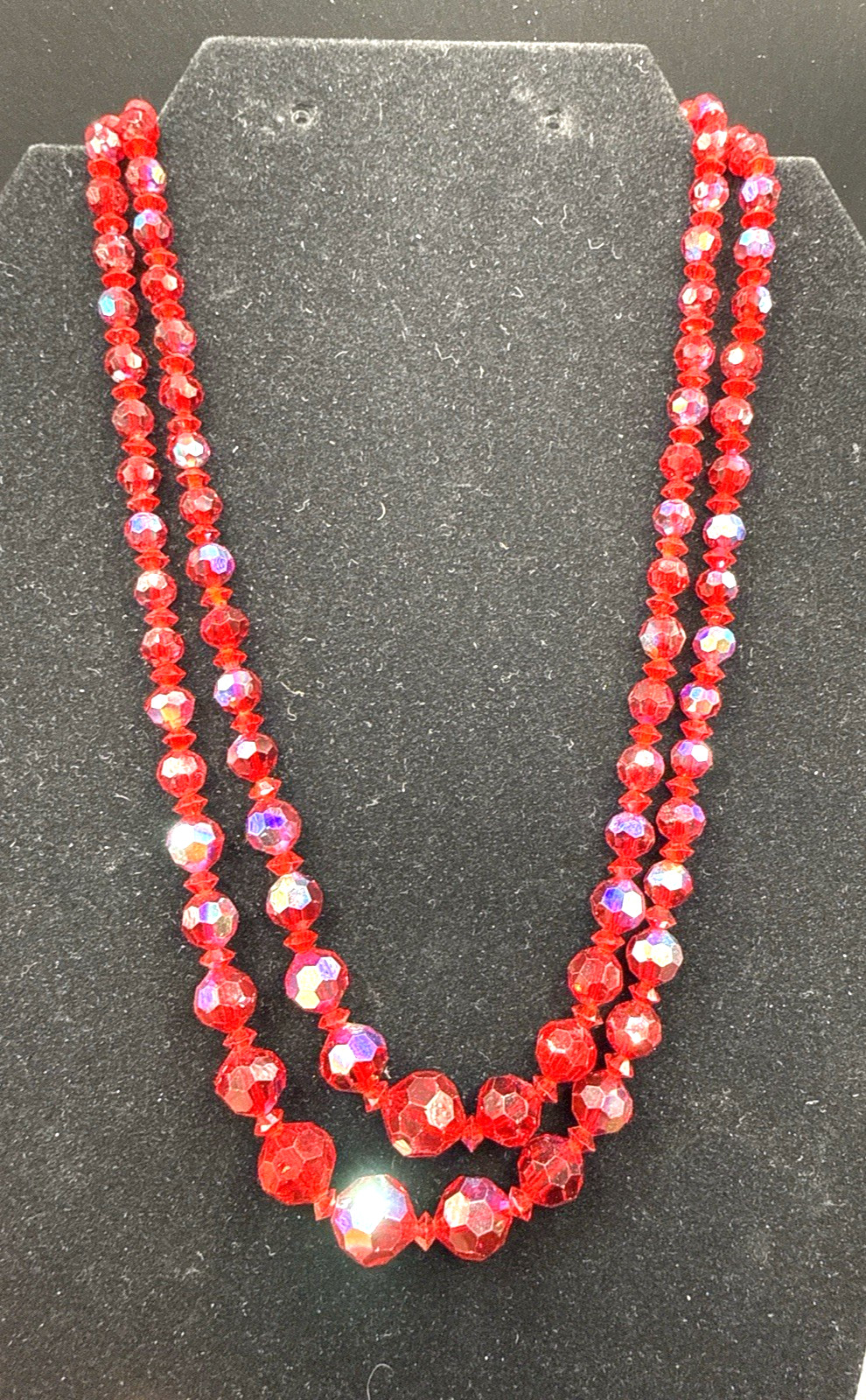 Vintage Ruby Red AB Crystal Bead Necklace Double Strand Silver Tone Clasp