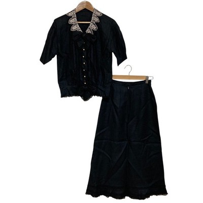 PINK HOUSE Picot Frill Ribbon Linen Blouse and Skirt, Set (Black) Women USED