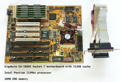 Gigabyte GA-586HX vintage Socket 7 motherboard with Pentium CPU and EDO RAM