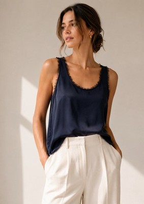 CO Silk Tank Top Navy 100% Silk Cutout Back Quiet Luxury Minimalist Size Sz S