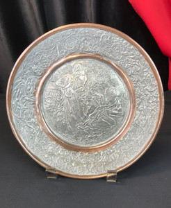 Vintage Persian Etched Tinned Copper WALL PLATE Couple Playing Music