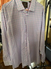 Tattersall London Mens Button Front Blue Pink Check Shirt Size 17 1/2-34/35